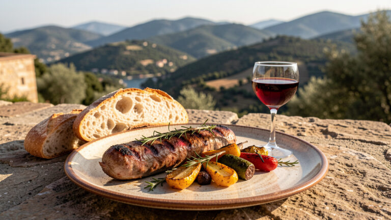 Andouillette grillée servie avec des légumes rôtis, du pain et des herbes corses sur une terrasse en pierre face aux collines méditerranéennes.