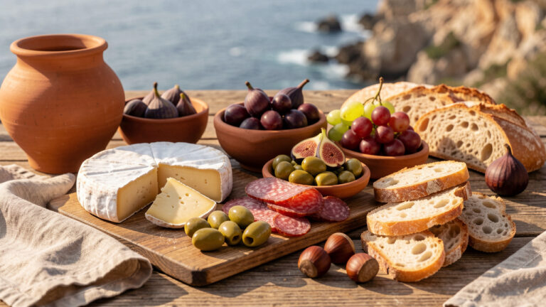 Table en bois garnie d’un apéritif corse avec fromages régionaux, charcuterie, olives, figues, raisins, châtaignes et pain, dans une ambiance méditerranéenne chaleureuse.