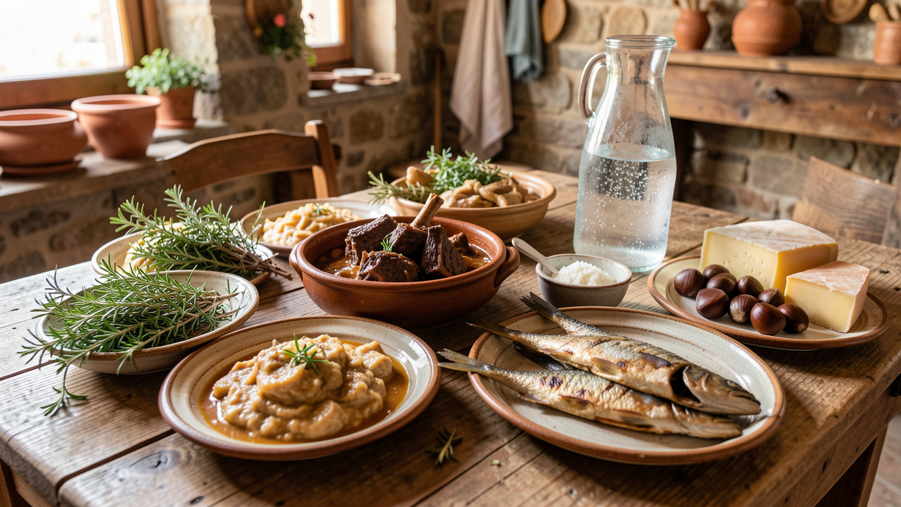Table rustique d'une auberge corse au bord du port, garnie de spécialités locales, de fromages, d'herbes fraîches et de plats méditerranéens.