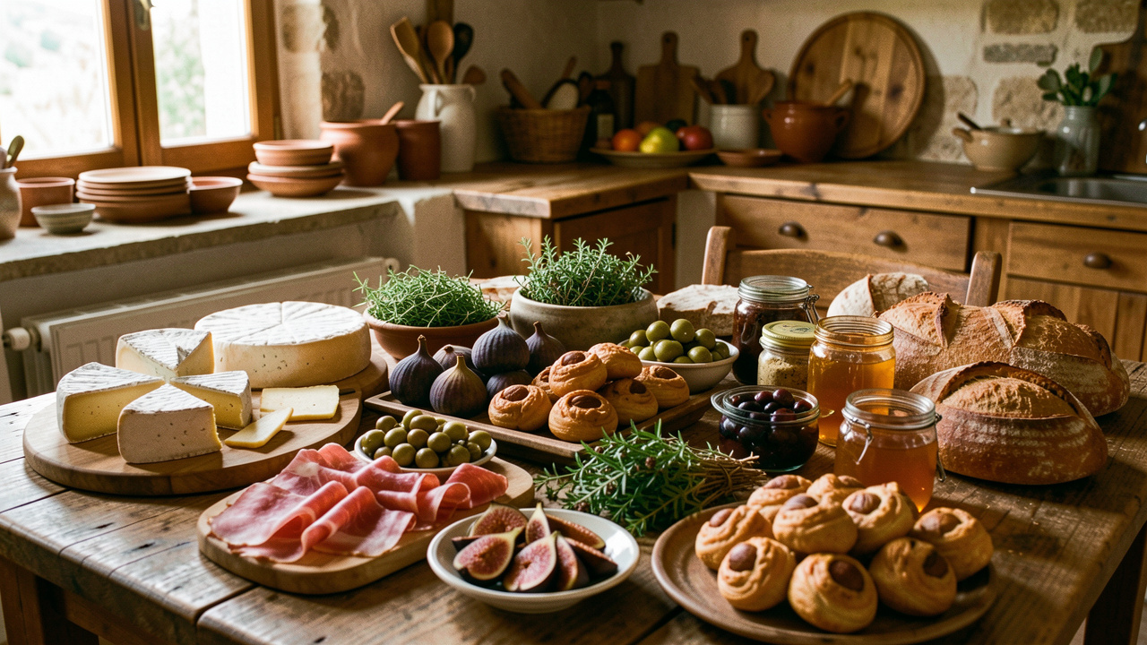 Table garnie de spécialités corses avec fromages artisanaux, charcuterie, pâtisseries à la châtaigne, figues, olives, miel et pain dans une cuisine chaleureuse.
