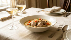 Blanquette de veau crémeuse accompagnée de deux verres de vin sur une table élégante.