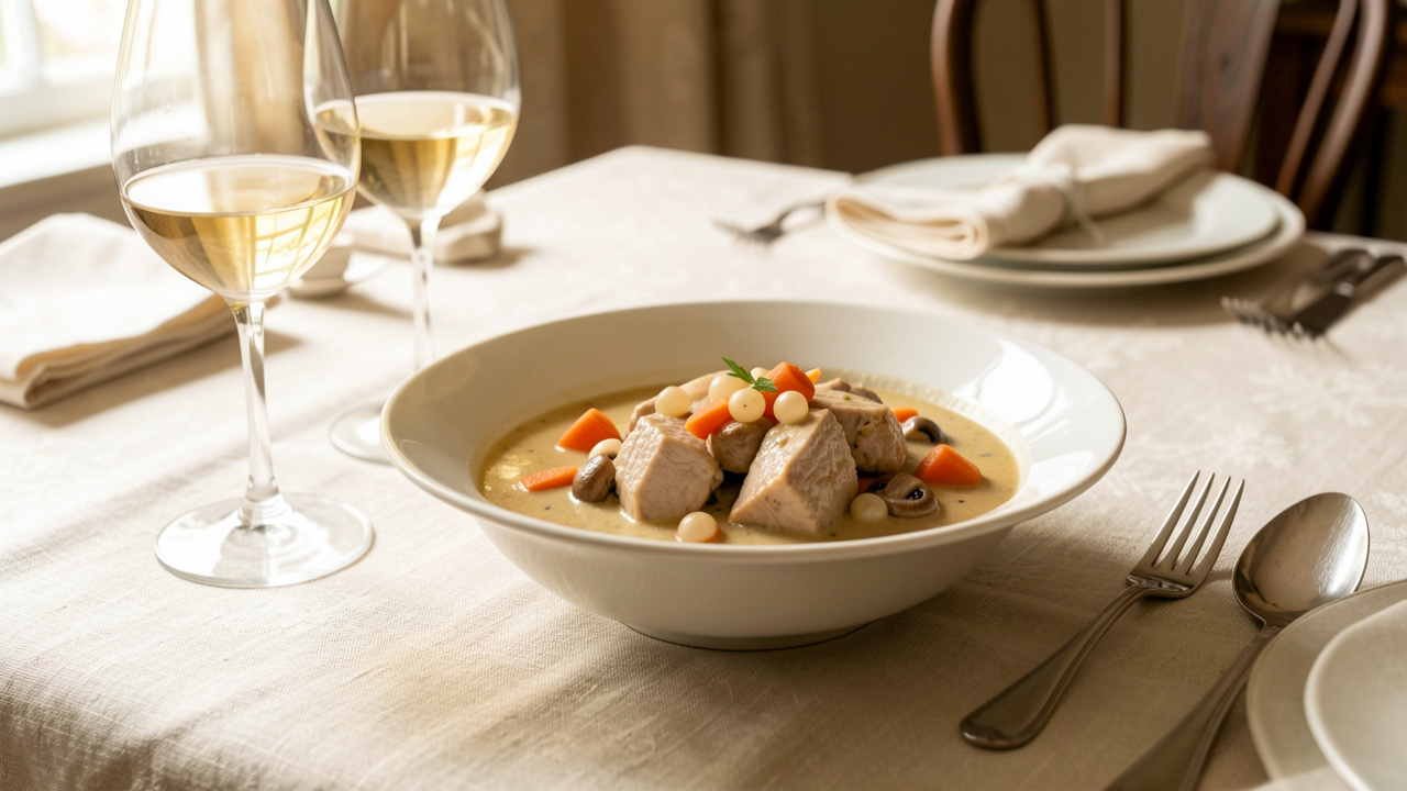 Blanquette de veau crémeuse accompagnée de deux verres de vin sur une table élégante.