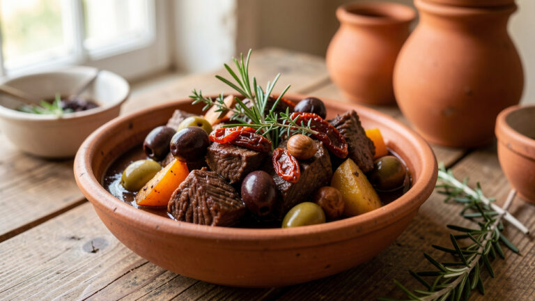 Bœuf bourguignon revisité aux saveurs corses et méditerranéennes, servi dans un bol rustique avec olives, herbes, tomates séchées et châtaignes.