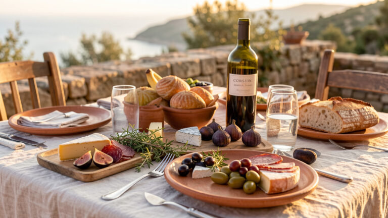Table gourmande corse avec fromages, charcuteries, olives, figues, pain artisanal et herbes méditerranéennes dans une ambiance chaleureuse de Balagne.