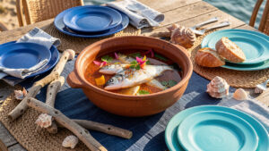 Table joliment dressée autour d’une bouillabaisse, avec vaisselle bleue, linge naturel, coquillages et éléments décoratifs évoquant la Méditerranée.