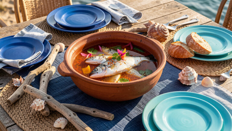 Table joliment dressée autour d’une bouillabaisse, avec vaisselle bleue, linge naturel, coquillages et éléments décoratifs évoquant la Méditerranée.
