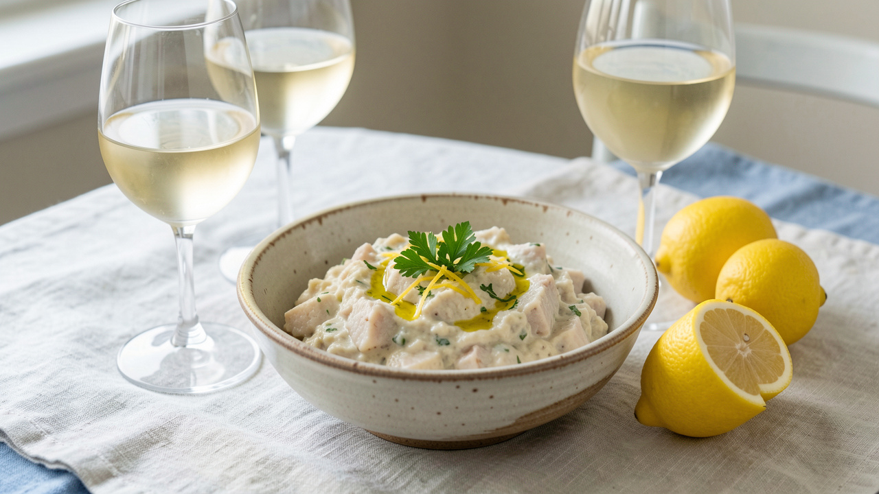 Brandade de morue crémeuse accompagnée de deux verres de vin blanc frais, de citrons et de persil sur une table en lin.
