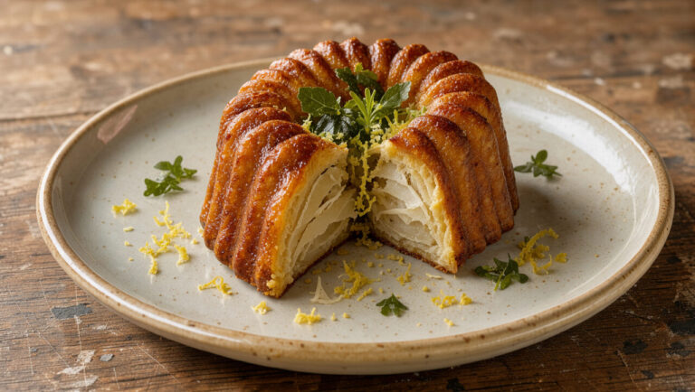Cannelé salé doré aux poissons corses, ouvert pour révéler une garniture tendre, accompagné d’herbes, de zeste de citron et de petites feuilles d’algues.
