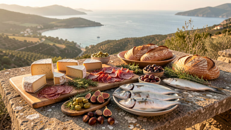 Composition gourmande de spécialités corses avec fromages, charcuteries, olives, figues, châtaignes, poisson méditerranéen, herbes et pain artisanal sur une table en pierre, dans une lumière dorée.