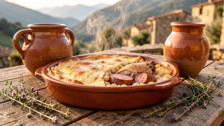 Cassoulet traditionnel servi dans un plat en terre cuite sur une table rustique, dans une ambiance de village corse.