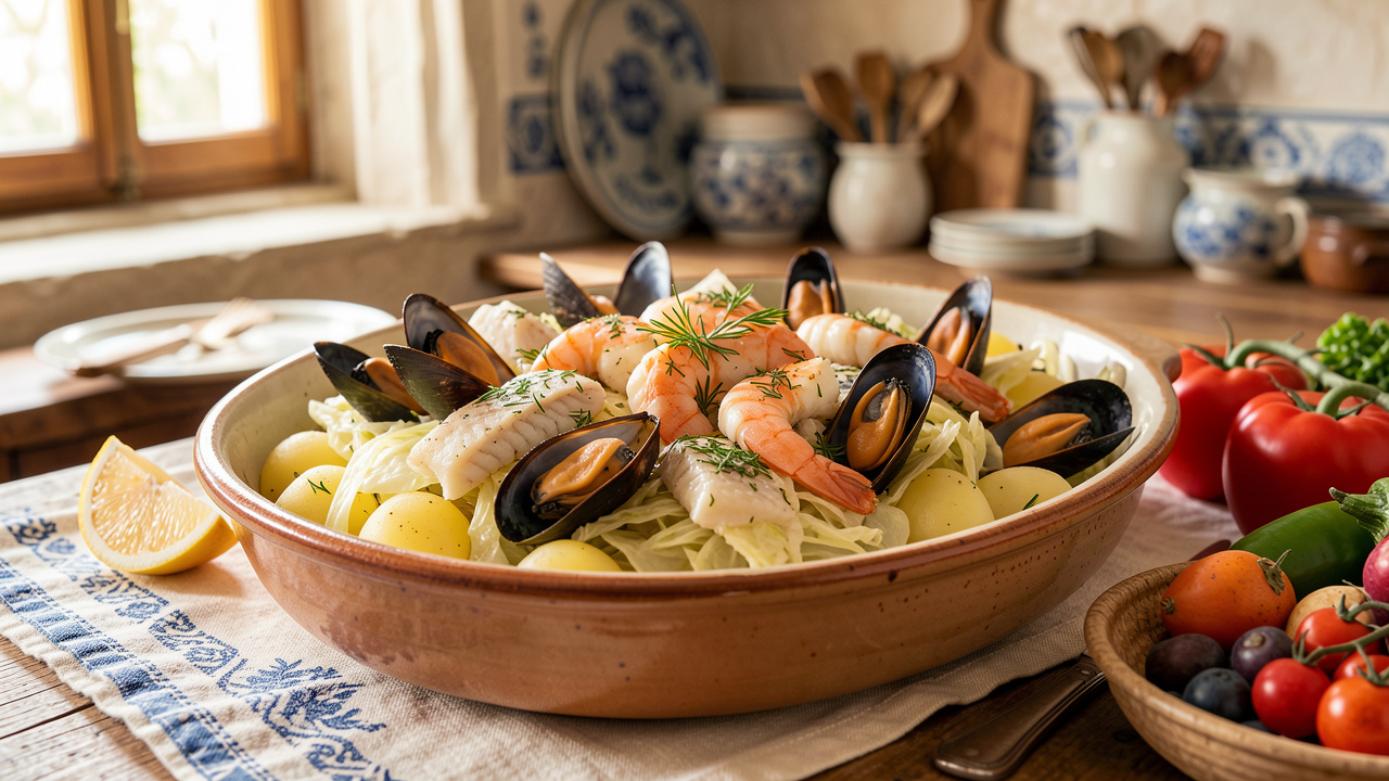 Choucroute de la mer corse servie dans un plat rustique avec moules, crevettes, poisson blanc, chou, pommes de terre et herbes aromatiques.