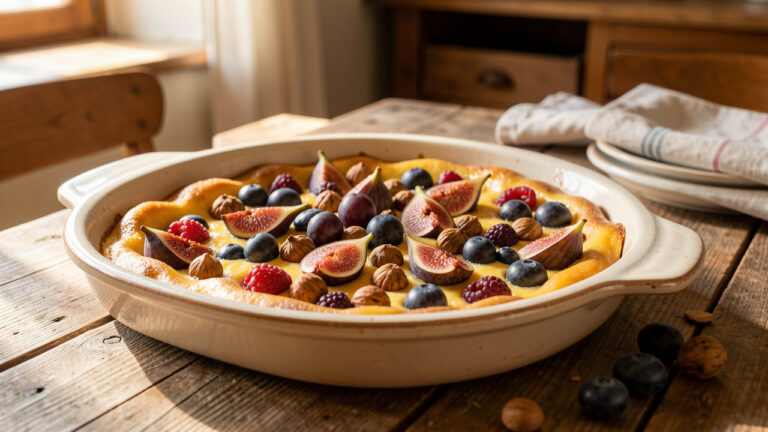Clafoutis doré aux saveurs corses, garni de figues, de raisins, de fruits rouges et de châtaignes grillées, présenté dans un plat en céramique sur une table en bois.