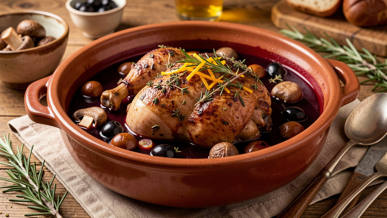 Coq au vin revisité aux saveurs corses, servi dans une cocotte en céramique avec olives noires, herbes sauvages, champignons et châtaignes.