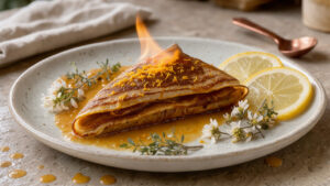 Crêpe Suzette à la corse flambée aux agrumes, décorée de zestes d’orange, de citron et d’herbes aromatiques du maquis.