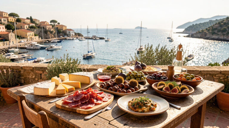 Table gourmande garnie de spécialités corses sur une terrasse ensoleillée avec vue sur un port méditerranéen.