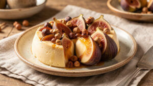 Far breton revisité aux figues, marrons confits, miel de fleurs sauvages et noisettes grillées, présenté sur une assiette artisanale.