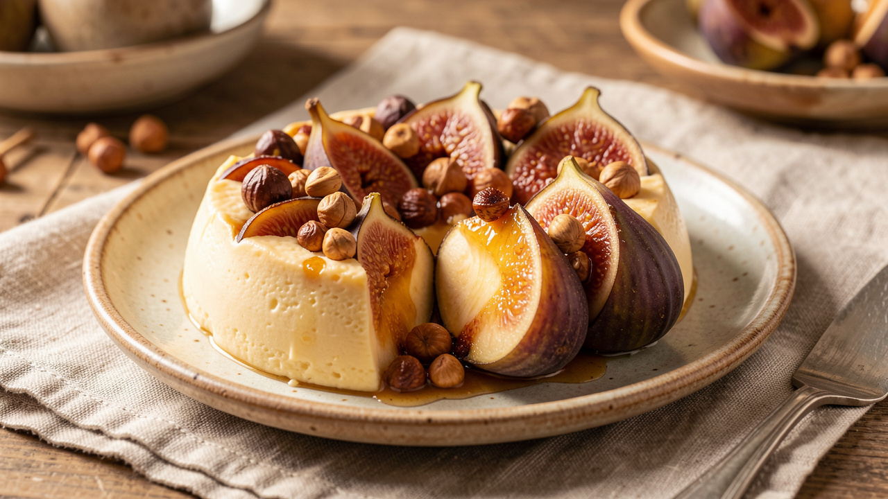 Far breton revisité aux figues, marrons confits, miel de fleurs sauvages et noisettes grillées, présenté sur une assiette artisanale.