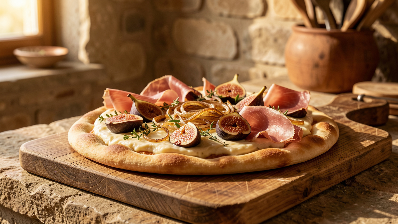 Flammekueche dorée garnie de fromage crémeux, d’oignons caramélisés, d’herbes sauvages, de figues et de jambon corse, présentée sur une planche en bois.