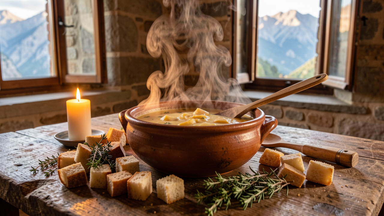 Fondue savoyarde fumante servie dans un pot en céramique sur une table rustique, avec du pain et les montagnes corses en arrière-plan.