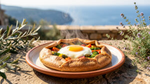 Galette bretonne dorée garnie de fromage fondant, d’un œuf au plat et de légumes de saison, servie sur une terrasse corse ensoleillée avec la mer en arrière-plan.