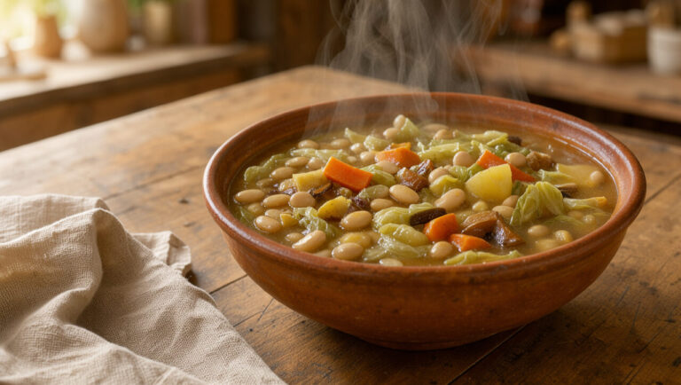 Bol en terre cuite rempli d’une généreuse soupe garbure aux choux, haricots blancs, carottes et pommes de terre, posé sur une table rustique en bois.