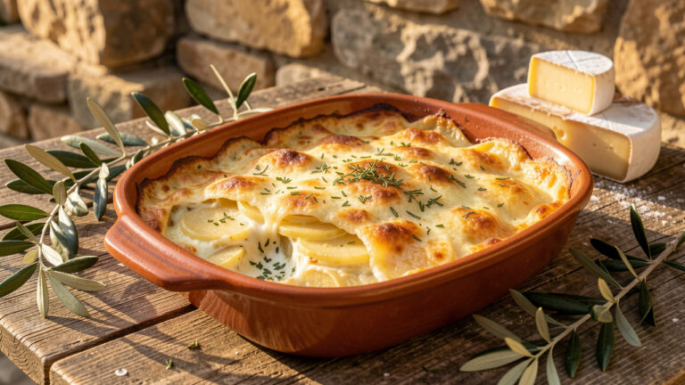 Gratin dauphinois à la corse, doré et crémeux, présenté dans un plat en céramique rustique avec des herbes méditerranéennes.