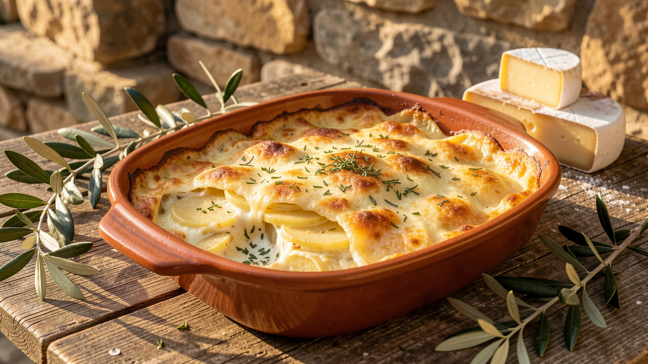Gratin dauphinois à la corse, doré et crémeux, présenté dans un plat en céramique rustique avec des herbes méditerranéennes.