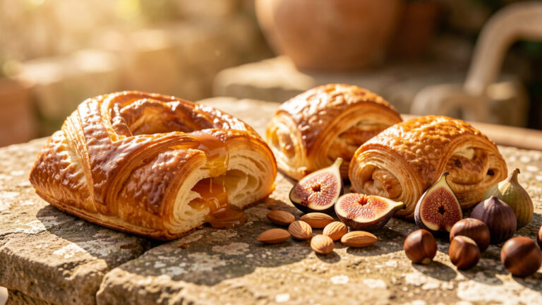 Un kouign-amann doré entouré de douceurs corses, de figues, d’amandes, de miel et de châtaignes sur une table en pierre.