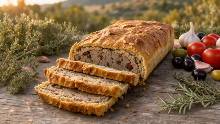 Pâté en croûte corse tranché, accompagné d’herbes du maquis, d’olives et d’ingrédients méditerranéens sur une table en bois.