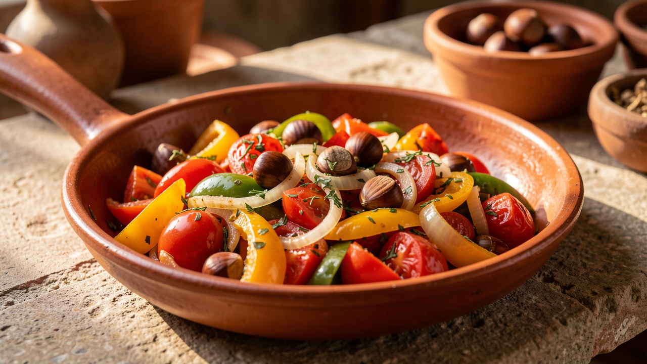 Piperade aux poivrons, tomates, oignons, herbes et touches de saveurs corses dans une poêle en terre cuite.