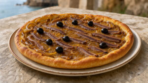 Pissaladière corse garnie d’oignons confits, d’anchois et d’olives noires, servie sur une assiette en céramique rustique.