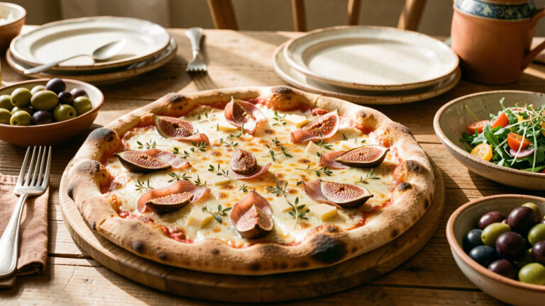 Pizza artisanale garnie de produits du terroir corse, servie sur une table rustique dans une atmosphère chaleureuse et conviviale.