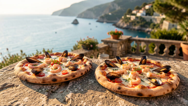 Deux pizzas artisanales aux fruits de mer, garnies de crevettes, moules, calamars, tomates cerises et herbes, servies sur une terrasse ensoleillée face à la mer turquoise de Corse.
