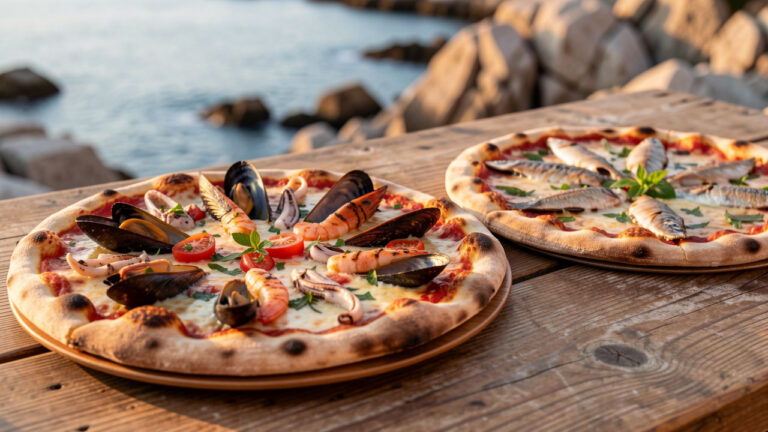 Deux pizzas méditerranéennes garnies de crevettes, moules, palourdes, calamars, tomates cerises et herbes fraîches, servies sur une table en bois avec la mer corse en arrière-plan.