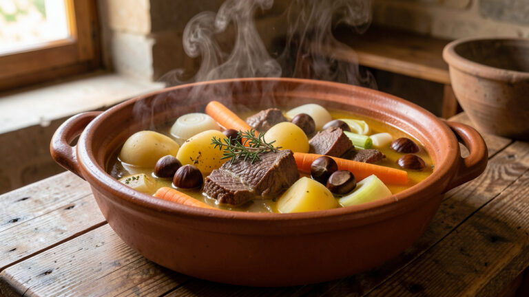 Pot-au-feu corse servi dans une cocotte en terre cuite, accompagné de légumes et de produits du terroir sur une table rustique.