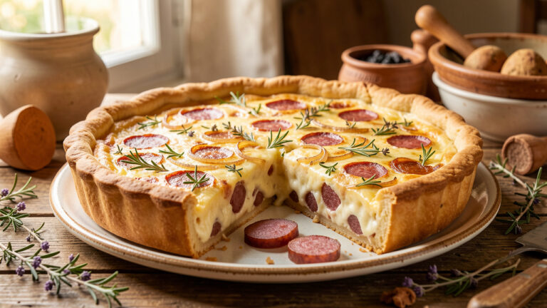 Quiche lorraine dorée revisitée aux saveurs corses, servie en parts sur une table rustique avec des herbes aromatiques et des ingrédients méditerranéens.