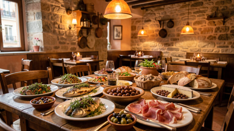Table chaleureuse d’un restaurant corse présentant des spécialités de l’île, avec poissons grillés, fromages artisanaux, charcuteries, olives, pain rustique et plats aux herbes.
