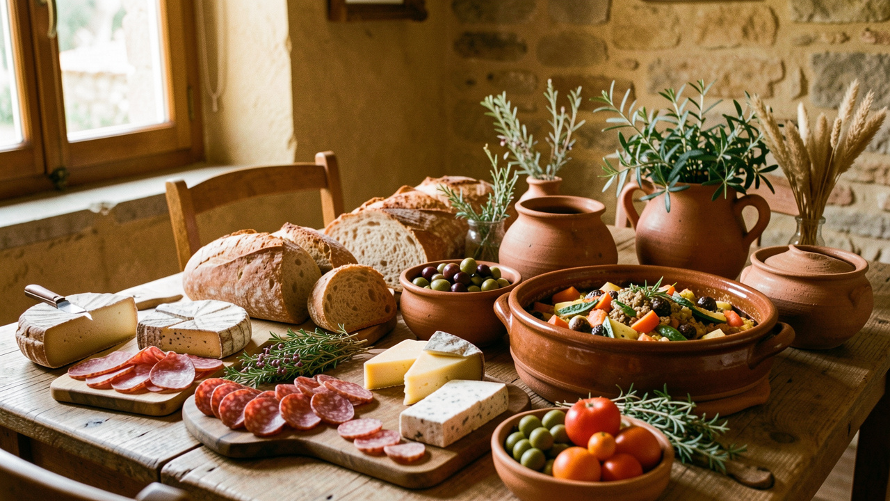 Table chaleureuse d’un restaurant de Balagne présentant des spécialités corses et des produits du terroir servis dans une vaisselle artisanale.