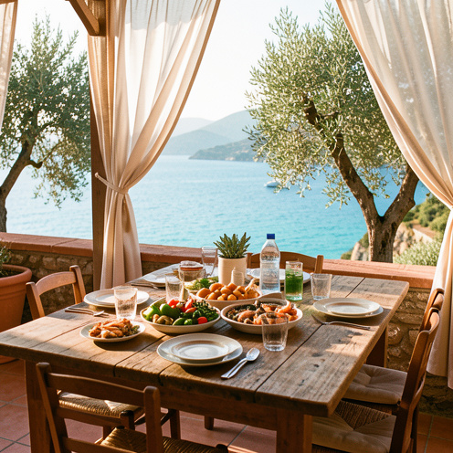Terrasse d’un restaurant en Balagne avec une table garnie de plats méditerranéens, face à une baie turquoise sous la lumière douce de l’après-midi.