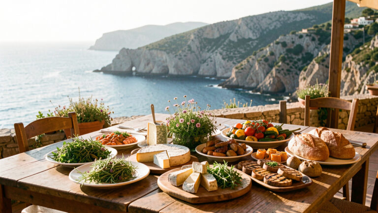 Table dressée dans un restaurant traditionnel de Haute-Corse, avec des spécialités corses, des légumes grillés, des fromages locaux et du pain rustique face au littoral méditerranéen.