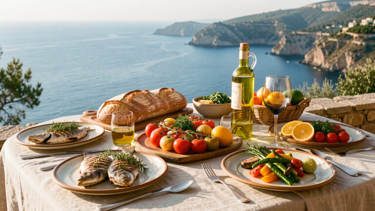 Table méditerranéenne dressée face à la mer, avec poisson grillé, tomates anciennes, légumes du Sud, herbes fraîches et pain rustique.