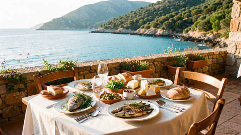 Table dressée avec des spécialités corses sur la terrasse d’un restaurant, entre la mer Méditerranée et le maquis.