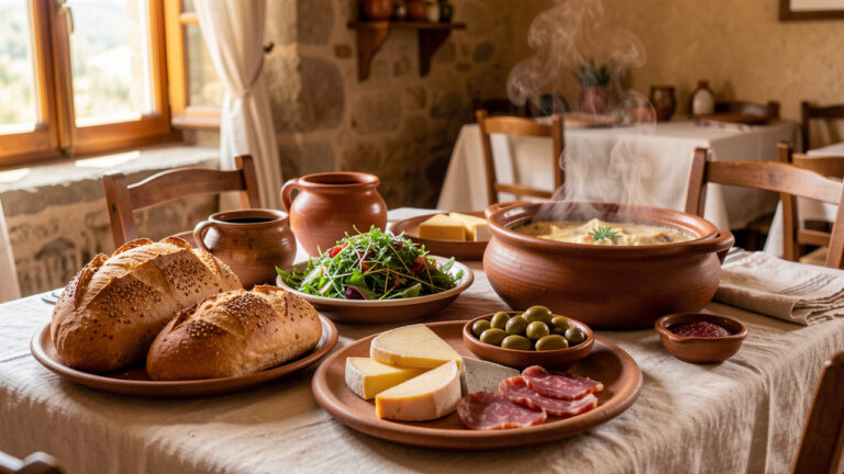 Table rustique dans un restaurant corse présentant des spécialités du terroir, avec pain à la châtaigne, salade aux herbes, fromages, charcuterie, olives et plat mijoté.