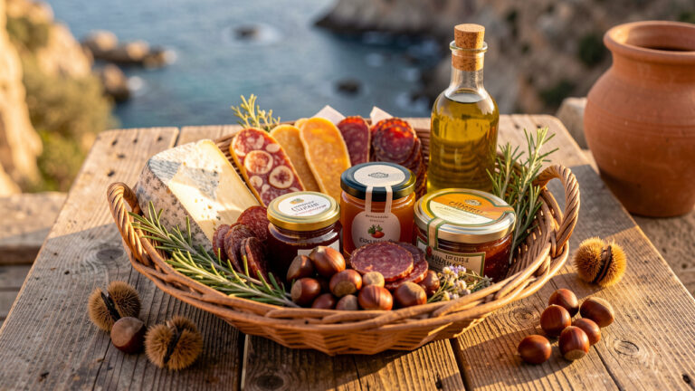 Panier gourmand garni de spécialités corses, de fromages artisanaux, de miel, de confiture de figues, d’huile d’olive, de châtaignes et d’herbes aromatiques sur une table en bois.