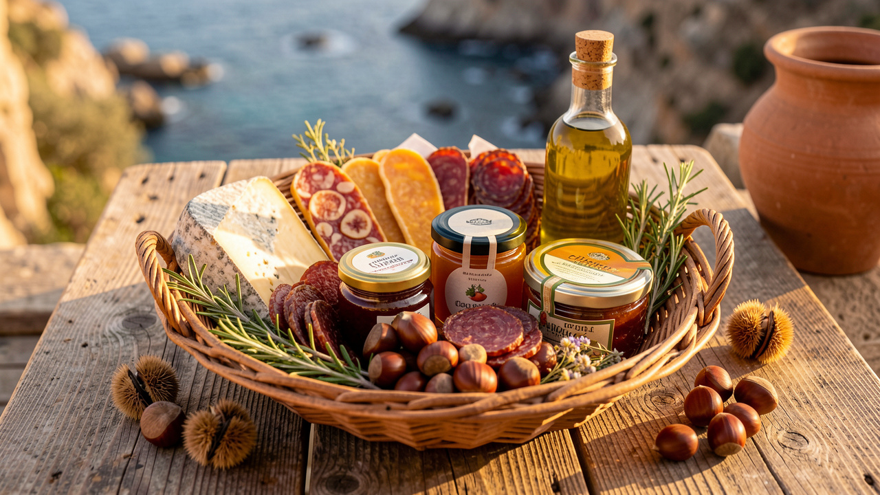 Panier gourmand garni de spécialités corses, de fromages artisanaux, de miel, de confiture de figues, d’huile d’olive, de châtaignes et d’herbes aromatiques sur une table en bois.
