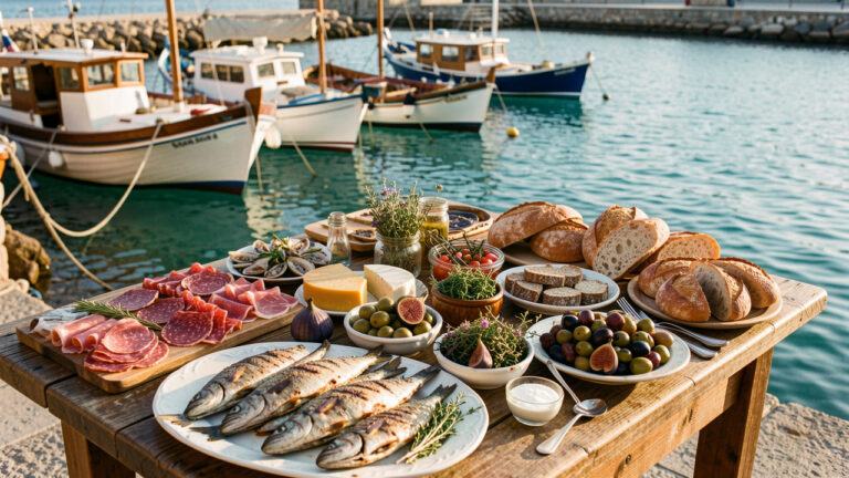 Table garnie de spécialités corses entre mer et terroir, avec poissons grillés, fruits de mer, charcuteries, fromages, figues, olives et pain, face à un port méditerranéen.