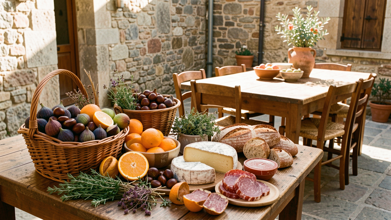 Produits corses de saison disposés entre un panier de marché et une table en bois dans un village méditerranéen.