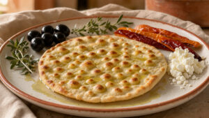 Galette de pois chiches dorée accompagnée d’olives, d’herbes sauvages, de fromage de chèvre, de poivrons rôtis et d’huile d’olive.