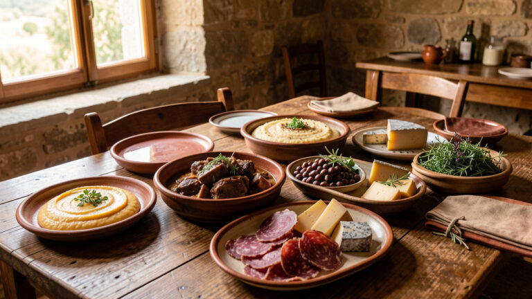 Table rustique présentant plusieurs spécialités corses incontournables, dont le fiadone, un ragoût de sanglier, de la polenta à la châtaigne, de la charcuterie et des fromages locaux.