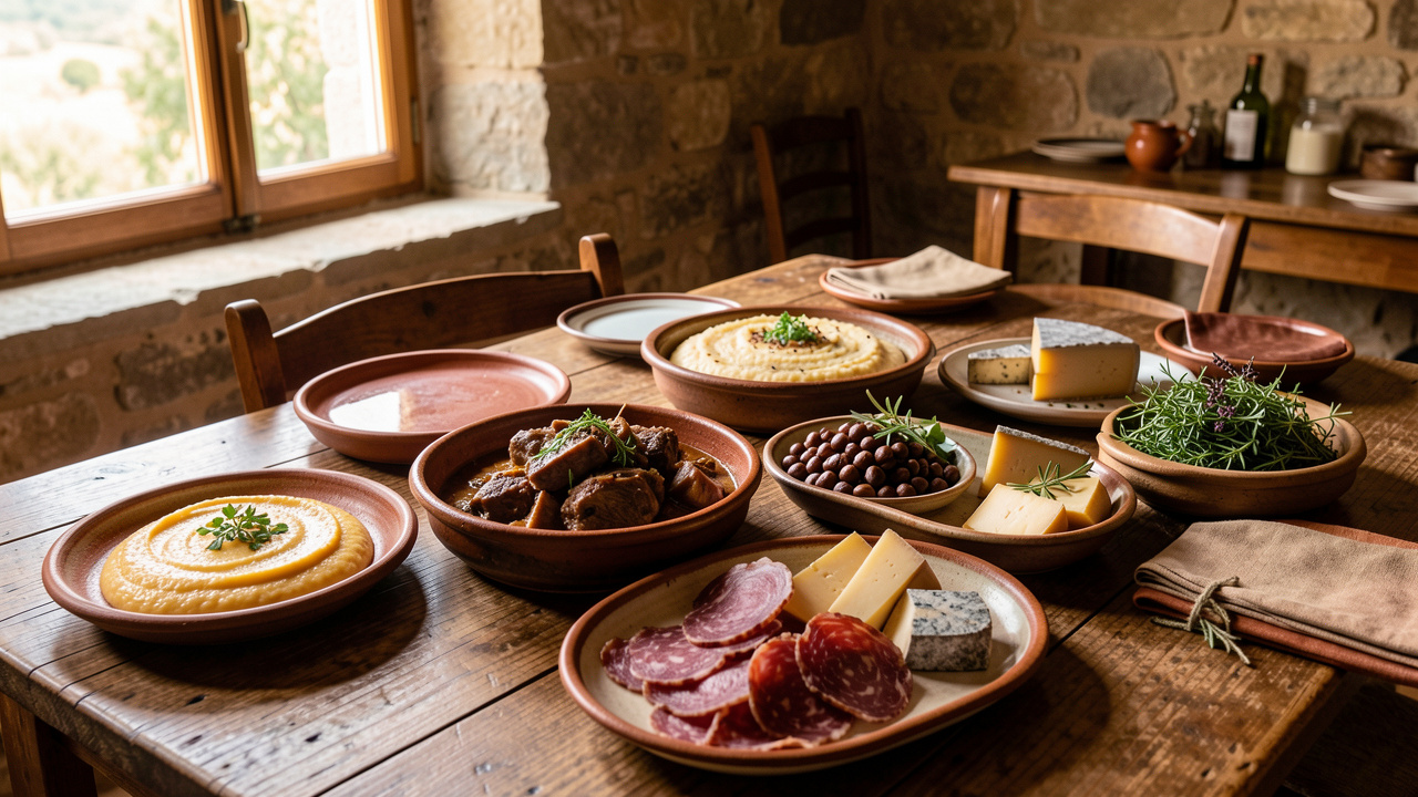 Table rustique présentant plusieurs spécialités corses incontournables, dont le fiadone, un ragoût de sanglier, de la polenta à la châtaigne, de la charcuterie et des fromages locaux.